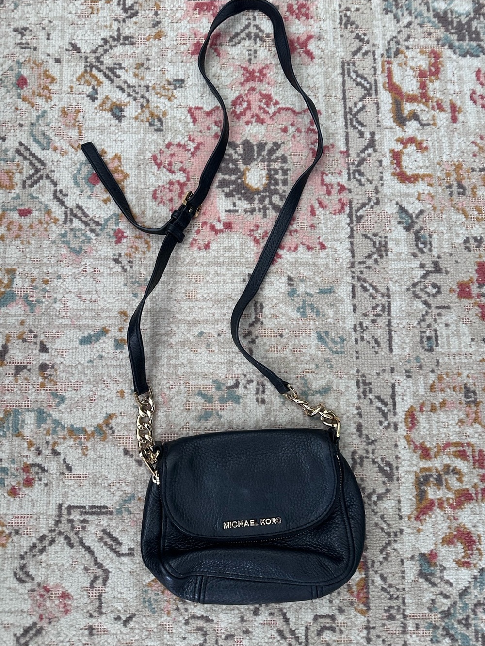 Michael Kors Black Pebble Leather Mini Crossbody with Gold Chain